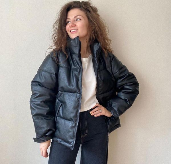

women039s down parkas women winter leather 2021 solid thicken zipper warm windproof pu jackets snow coat for female size m3x3199307, Black