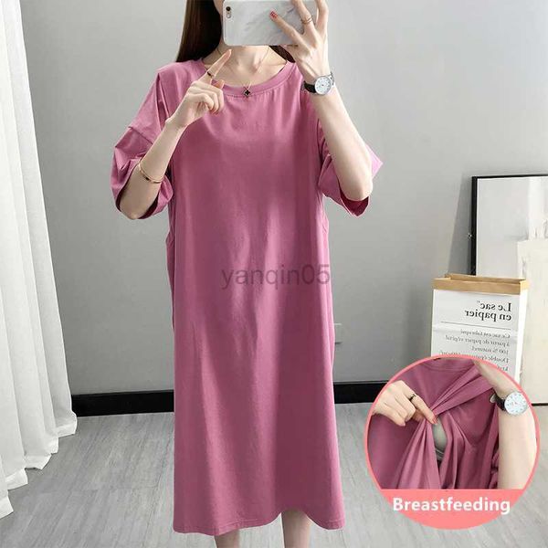 

maternity dresses pure color breastfeeding t shirt dress mid-calf short sleeve cotton big size maternity dresses pregnant women clothes hkd2, White