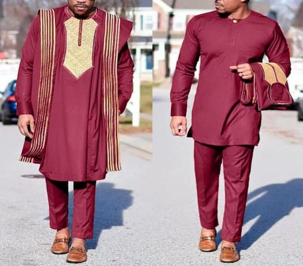

ethnic clothing hd african agbada suit for men embroidered robes dashiki cover shirt pants 3 pcs set boubou africain homme musulm4977253, Red