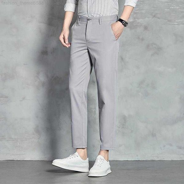 

men's pants summer ice silk casual for 2023 trend small foot straight crop high grade feel non ironing suit, Black