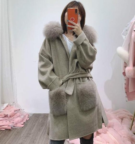 

oftbuy real fur coat winter jacket women natural fox fur collar pocket cuffs hood cashmere wool woolen oversize ladies outerwear3686055, Black