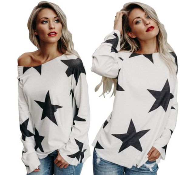

spring women slash neck loose tshirt five stars printed high street cotton tee long sleeves clothes6959096, White
