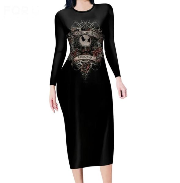 

noisydesigns fashion women long sleeves dress nightmare before christmas printing vinatge casual bodycon maxi club vestidos 27867287, Black;gray