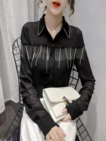

korean early autumn new longsleeved heavy industry diamond beading tassels chiffon shirts women blouses fashion streetwear 20218105253, White