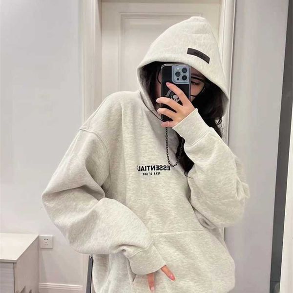 

double thread esential silver fleece hooded sweater women's casual loose high street fashion design feeling hoodie, Black