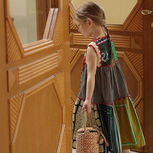 

girl's dresses gaun anak perempuan musim panas modis tanpa lengan geometris gaun multiwarna nyaman kasual r230808, Red;yellow