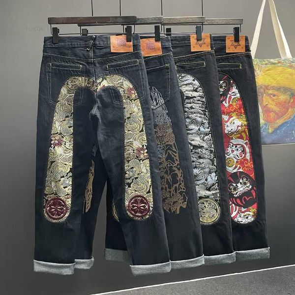 

men's jeans straight pants man skeleton embroidery mopping trousers streetwear denim clothing for men baggy t230110, Blue