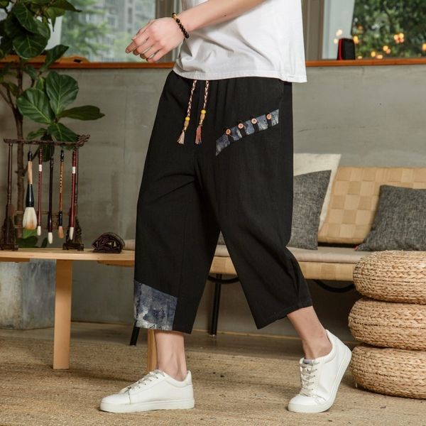 

men s pants japanese cotton linen harem men summer breathable cropped for casual elastic waist fitness 230808, Black