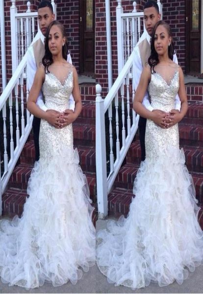 

sheer neck sparkly silver sequined long prom dresses 2017 ruched tier tulle ruffles mermaid african girls evening gowns red c2978516, Black