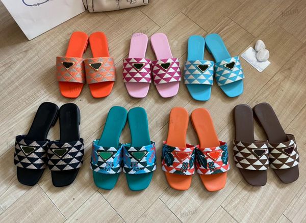 

designer embroidery fabric slides sandals summer flat slippers black beige multi-colored fashion women flip flops sandal