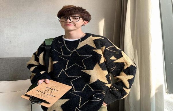 

yasuguoji hip loose mens pullover sweaters fashion star pattern knitted sweater men autumn casual christmas sweater 20202311331, White;black