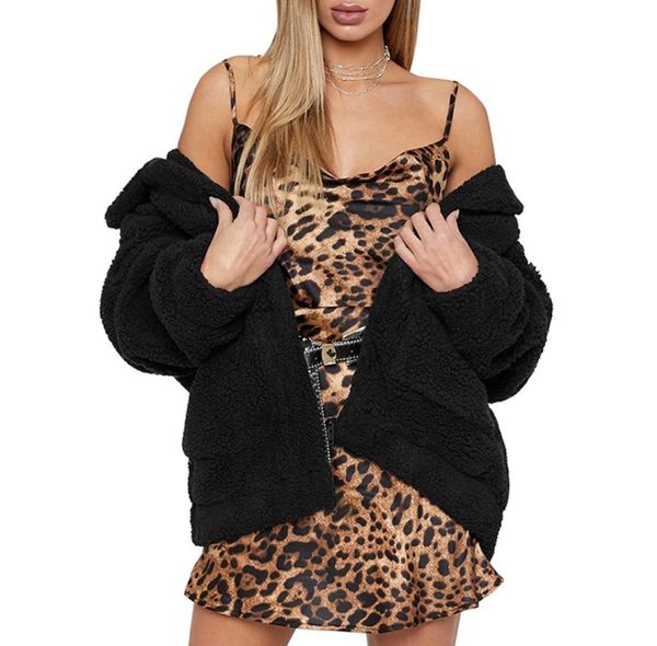 

women faux fur jacket fluffy teddy bear fleece fake fur coat zip pocket long sleeve casual streetwear winter femme 7193987, Black