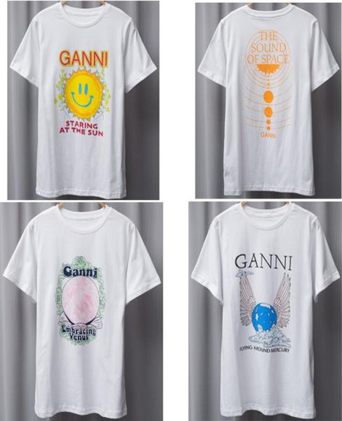 

women 35ganni t-shirt short sleeve gaze sunshine smiling face star pattern print loose ern europe high-quality temperament cotton2007682, White