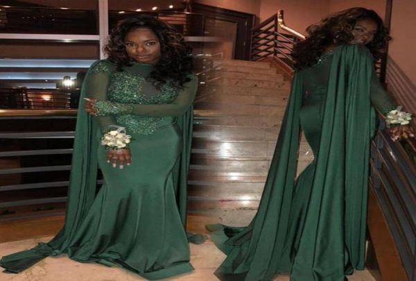 

new arrival dark green beaded evening dresses cape style mermaid high neck long sleeves formal pageant prom party gowns dubai6101411, Black