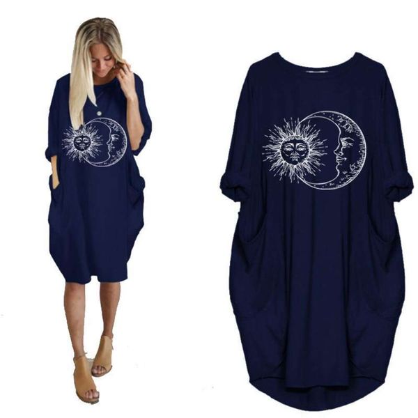 

womens casual loose pocket long sleeved large sized personalized print dress, Black;gray