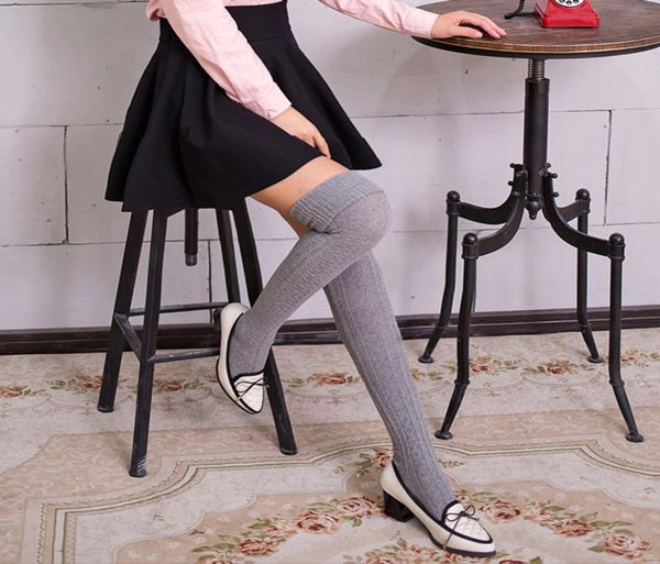

knitted over knee high socks women autumn winter warm long stockings solid color black grey coffee color whole socks4701248