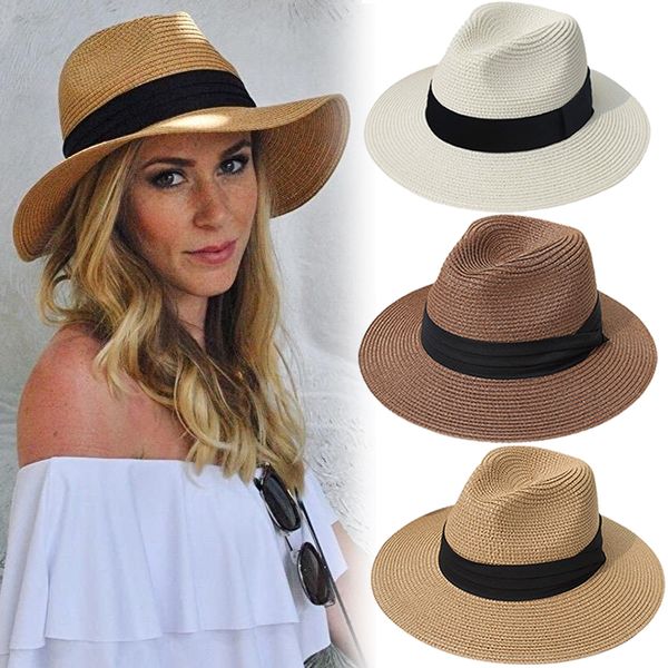 

wide brim hats bucket panama straw for women men summer beach sun hat foldable cap upf50 cowboy fedora hat gangster 230808, Blue;gray
