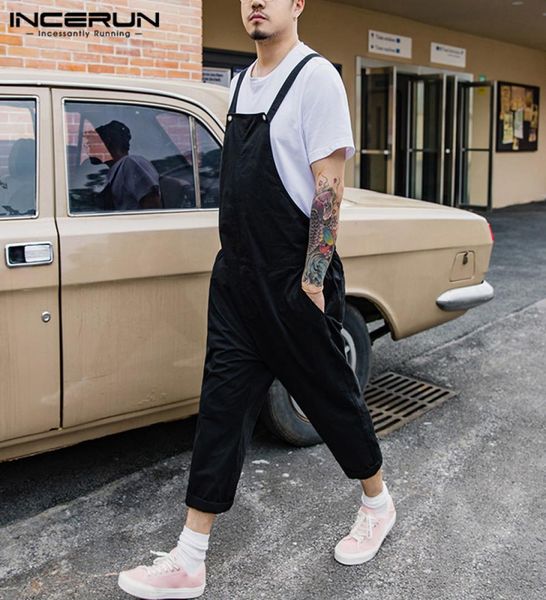 

incerun fashion men cargo overalls pockets solid baggy casual joggers suspender trousers men 2020 bib pants streetwear jumpsuits2357377, Black