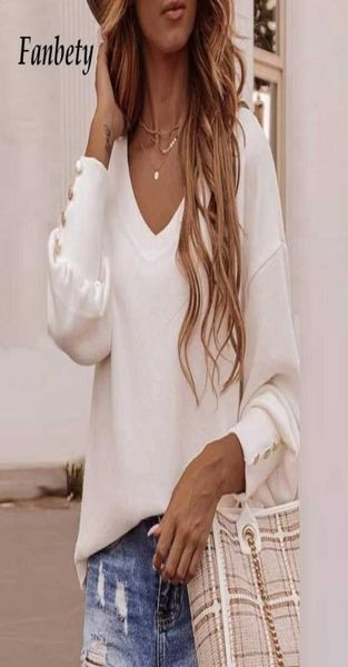 

autumn women solid sweet button tee shirt 2020 elegant new vneck long sleeve tshirts casual loose lady pullover mujer 3xl8436597, White