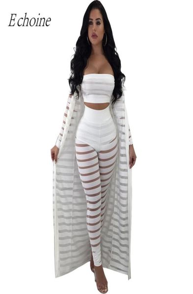 

2018 hollow out 3 pieces set womens strapless crop sheer stripe mesh pants long cardigan set plus size club outfits4831721, Gray