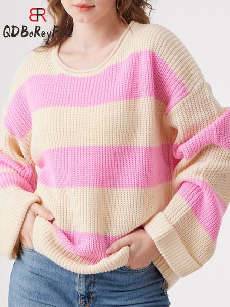 

women's sweaters pink striped knitted women pullover o-neck casual long sleeve korean fashion knitwear loose oversized sweater women j, White;black