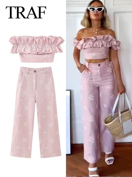 

women's pants capris traf women fashion summer casual wide leg pants pink embroidery decoration pocket button zipper female full length, Black;white