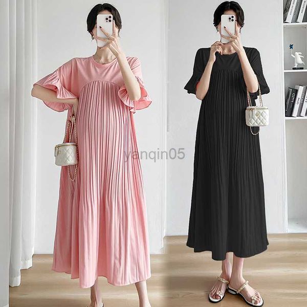 

maternity dresses 2302# 2023 summer korean fashion maternity dress patchwork pleat large size loose clothes for pregnant women pregnancy ove, White
