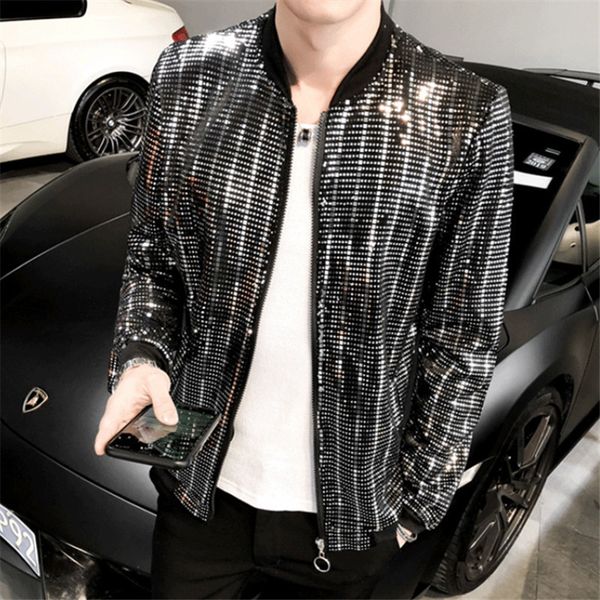 

men's hoodies sweatshirts spring sequined bomber jacket men long sleeve glitter zipper thin coat hip hop loose night club stage streetw, Black