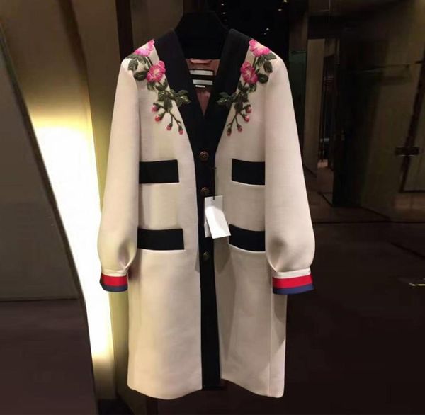 

womens wool blends runway fashion trench v neck single breasted contrast color vintage embroidery flower coat beige5652478, Black