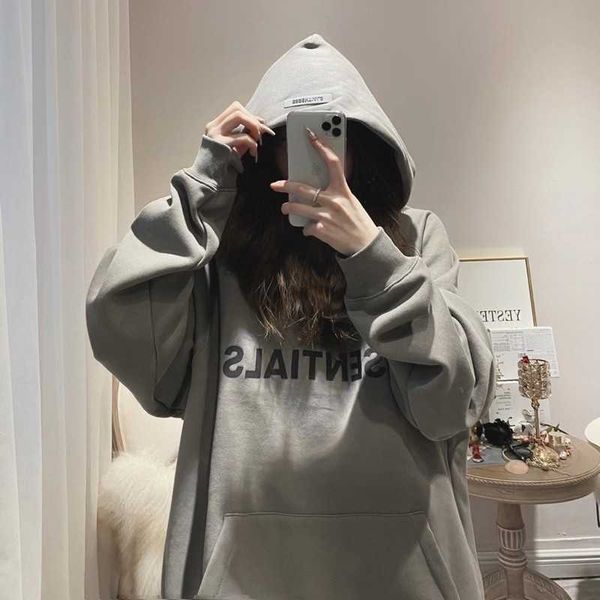 

double thread esential sweater high street style loose fitting youth couple pullover hooded men's trend, Black