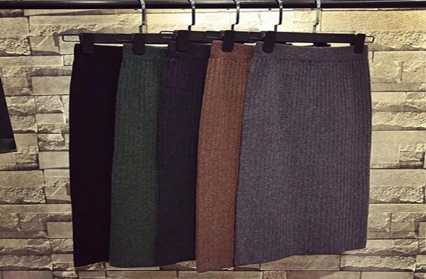 

skirts winter women warm 2021 knitted pencil falda tubo faldas coreanas negra green brown vintage midi skirt jupe crayon3836915, Black