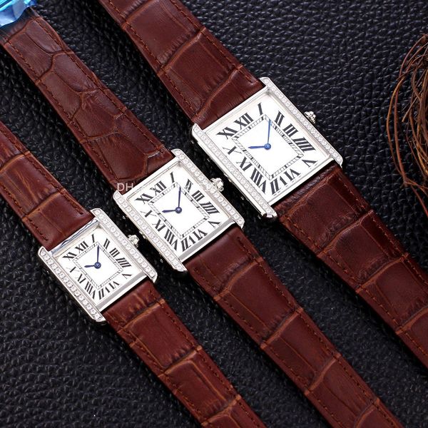 

men's and women's watch runaway tank colorful calf belt with 316 precision steel imported quartz movement small 24mm medium 27mm l, Slivery;brown