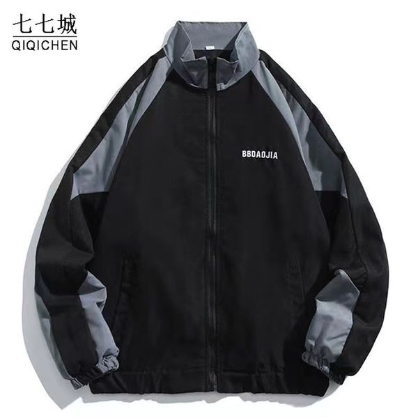 

men's jackets men's spring jacket men patchwork japanese stand collar windbreaker coat college casual loose jackets couple hip hop, Black;brown