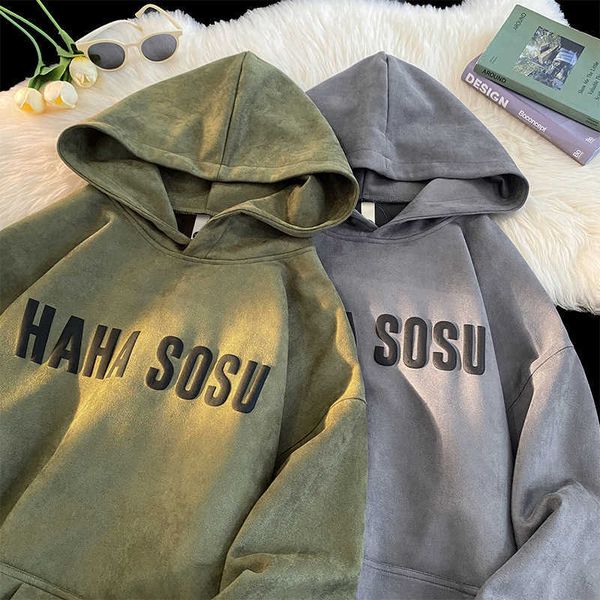 

no brand name suede foam printed hooded sweater autumn trend pullover jacket men's loose bottom hoodie, Black