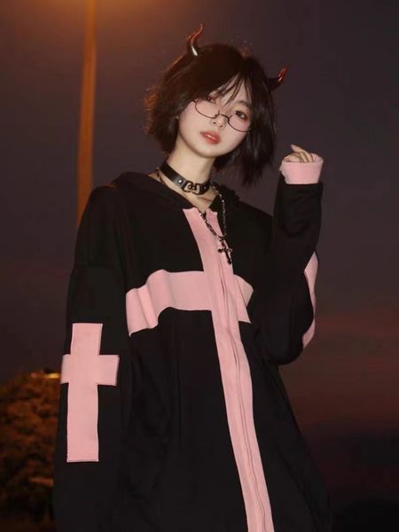 

womens hoodies sweatshirts qweek gothic harajuku zip up women goth vintage fashion kpop zipper hooded sweatshirt blakc long sleeve spring 2, Black