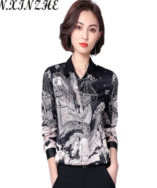

nxinzhe spring manmade silk casual blouse summer women long sleeve turndown collar print office blouse shirt women 8673054, White