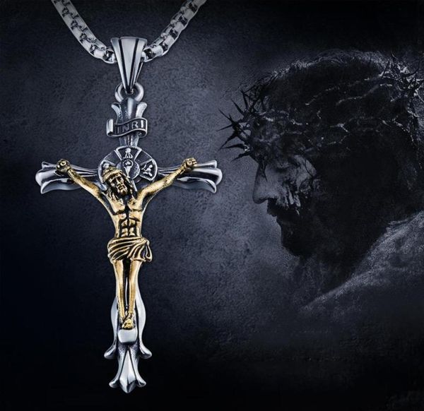 

chains crucifix jesus piece pendant necklace for men women stainless steel catholic punk hip hop biker jewelry9323228, Silver