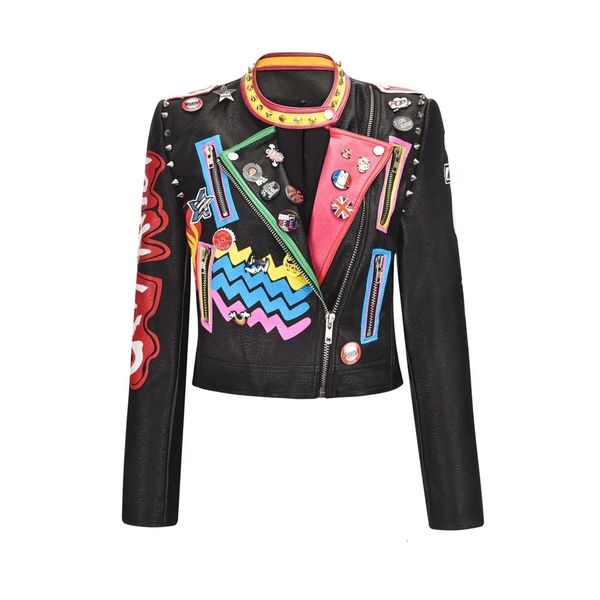 

womens jackets punk rock leather jacket women fashion graffiti print coats and crazy style rivets badge decor 230808, Black;brown