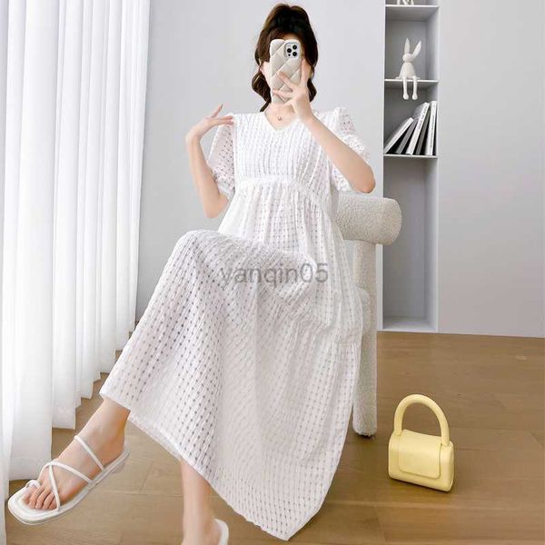

maternity dresses 2339# 2023 summer korean fashion hollow out chiffon maternity long dress new elegant stylish loose clothes for pregnant wo, White