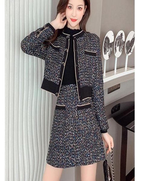 

womens plaid tweed skirts suit autumn long sleeve oneck office jacket skirt 2 pieces sets suits9352534, White