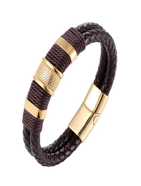 

classic stainless steel men039s leather bracelet woven leather rope wrapping doublelayer diy customization bangle94909064920147, Golden;silver