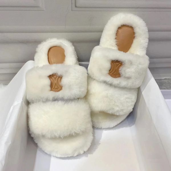 

designer shoe triumph fluffy sandale slide woman flat slides feather fashion fur men wool slipper platform slippers teddy bear house travel, Black
