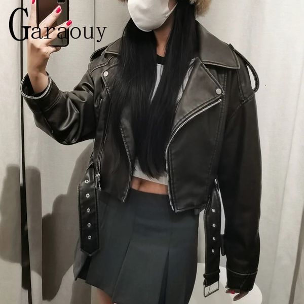 

womens jackets spring woman faux leather jacket chic vintage short lapel zipper belt biker coats fashion streetwear mujer 230808, Black;brown