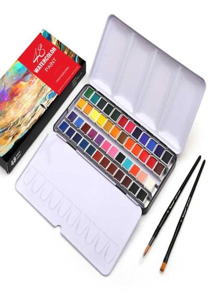 

dainayw portable 48colors pigment solid watercolor paints set tin box paint set with 48colors half pan 2 brush pen water paper4483974