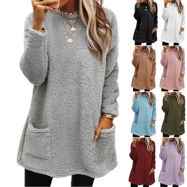 

no brand name temu new women's long-sleeve pocket plush sweater t-shirt top, Black