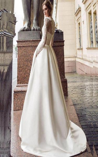 

modest long sleeve wedding dress 2020 new scoop satin appliqued aline bridal gown with pockets vestidos de novia 139574111, White