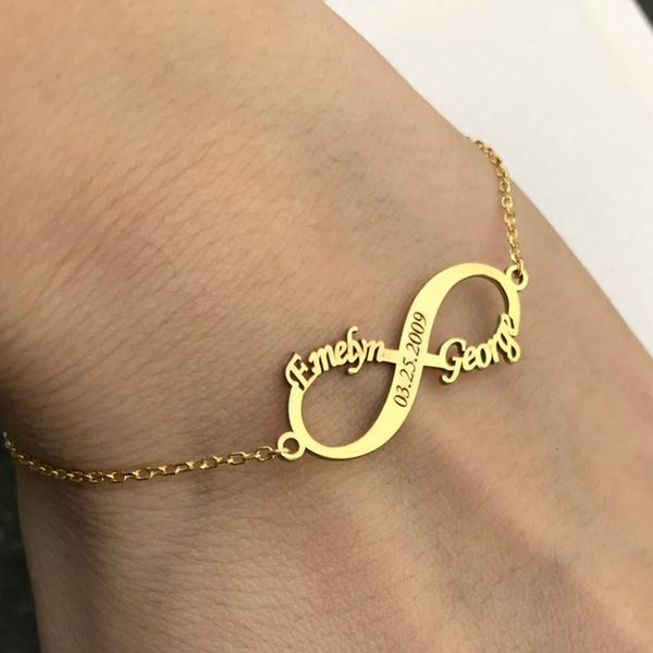 

charm bracelets personalized jewelry custom double name date infinity bracelet rose infinity nameplate bracelets stainless steel hand chain, Golden;silver