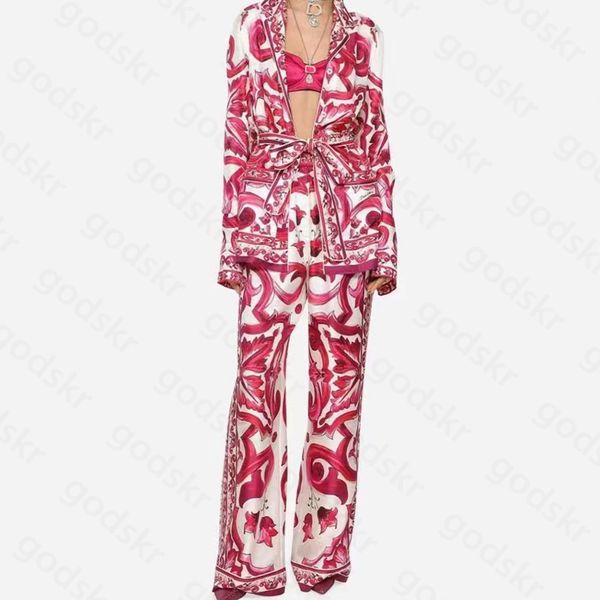 

casual women shirt pants silk blouse high waisted wide leg pants vintage print trousers sleepwear set, Gray