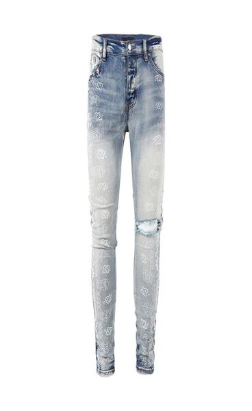 

mens jeans european and american street style cashew flower print light blue washed pleated casual slim pants for teenagers1038322