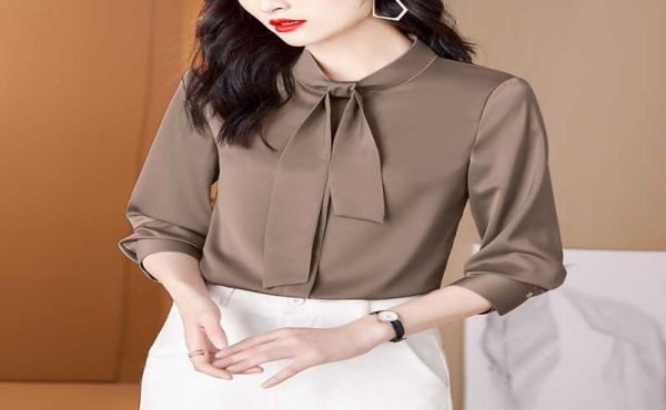 

spring korean loose slim long sleeve women039s shirt fashion solid chiffon female ladies office bow clothing 1013 2105289068195, White